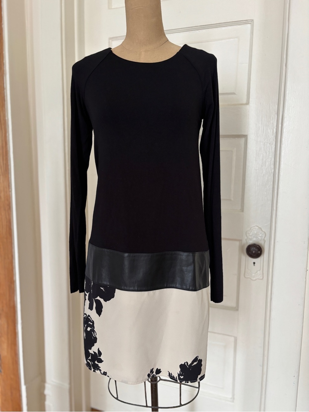Bailey 44 Black and Cream Long-Sleeve Shift Dress with Faux-Leather Band